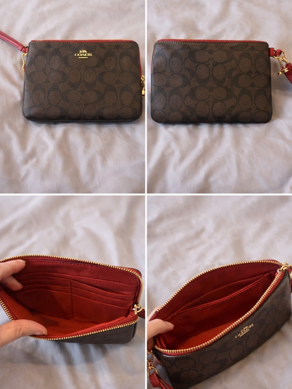 Coach Brown Signature Canvas Wristlet with Red Interior and Gold Hardware